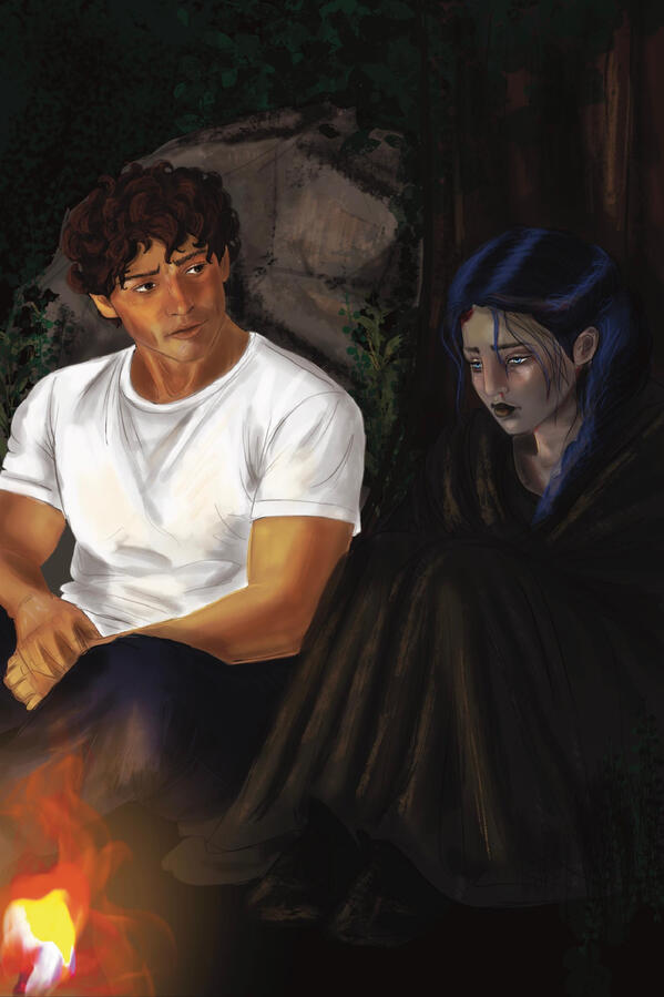 Untitled Colorful illustration from the Greek Mythology inspired romantasy, EREBOS, showing Ilaeira and Nestor sitting under a tree at night. Ilaeira is wrapped in a cloak looking lost, Nestor is sitting beside her, studying her.