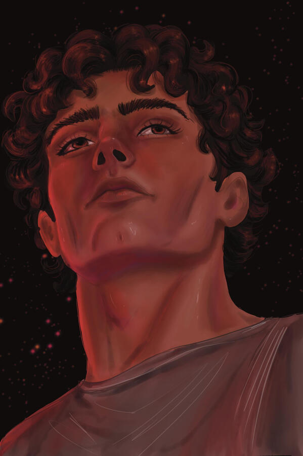 Untitled Colorful illustration from the Greek Mythology inspired romantasy, EREBOS, showing Nestor the MMC, staring into the distance in the dark.