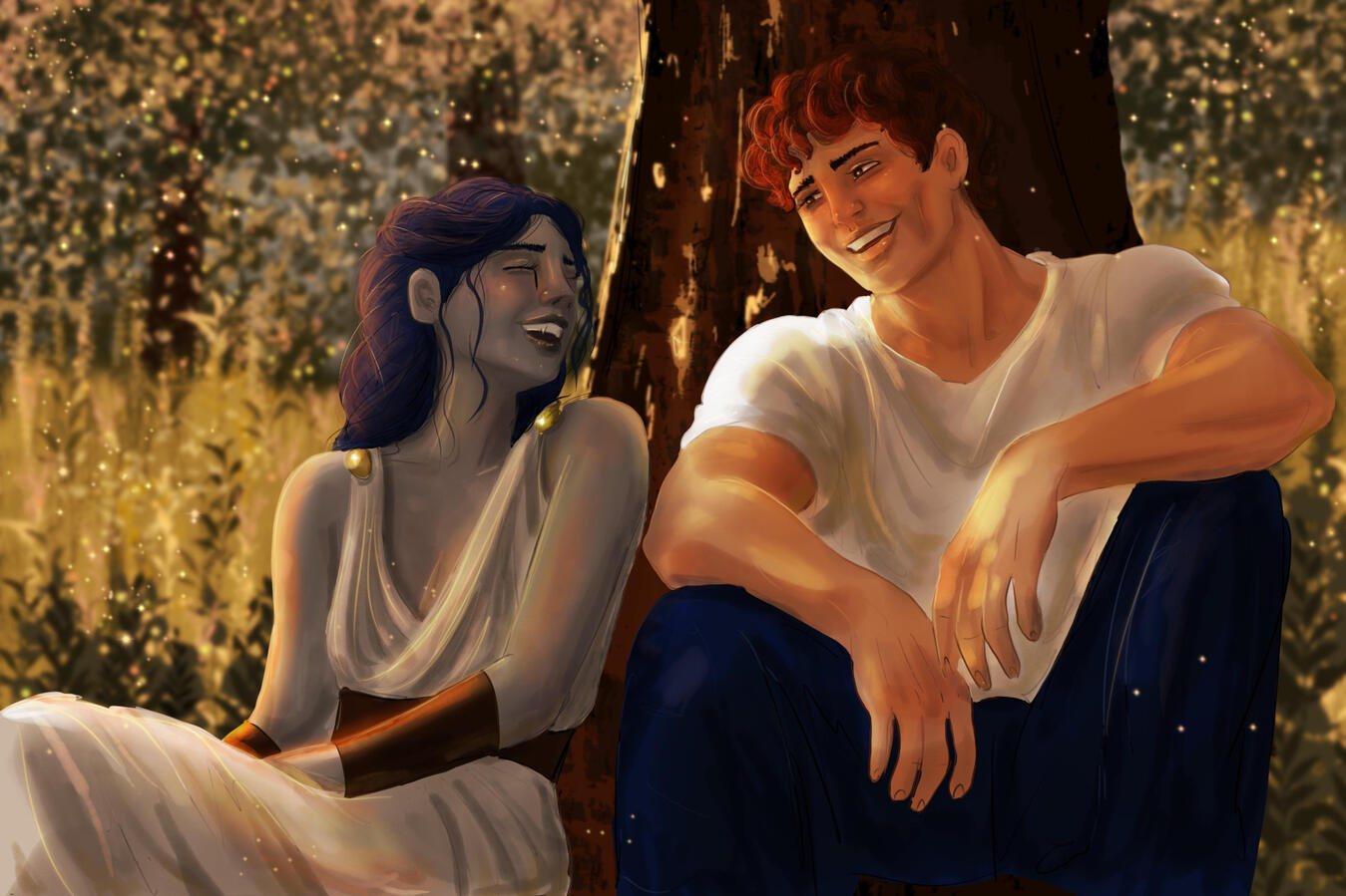 Untitled Colorful illustration from the Greek Mythology inspired romantasy, EREBOS, showing Ilaeira and Nestor stitting under a tree, laughing.
