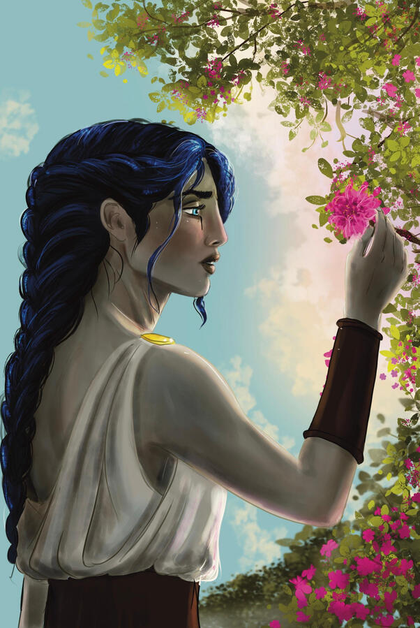 Untitled Colorful illustration from the Greek Mythology inspired romantasy, EREBOS, showing Ilaeira, the FMC, picking a pink flower off a tree.