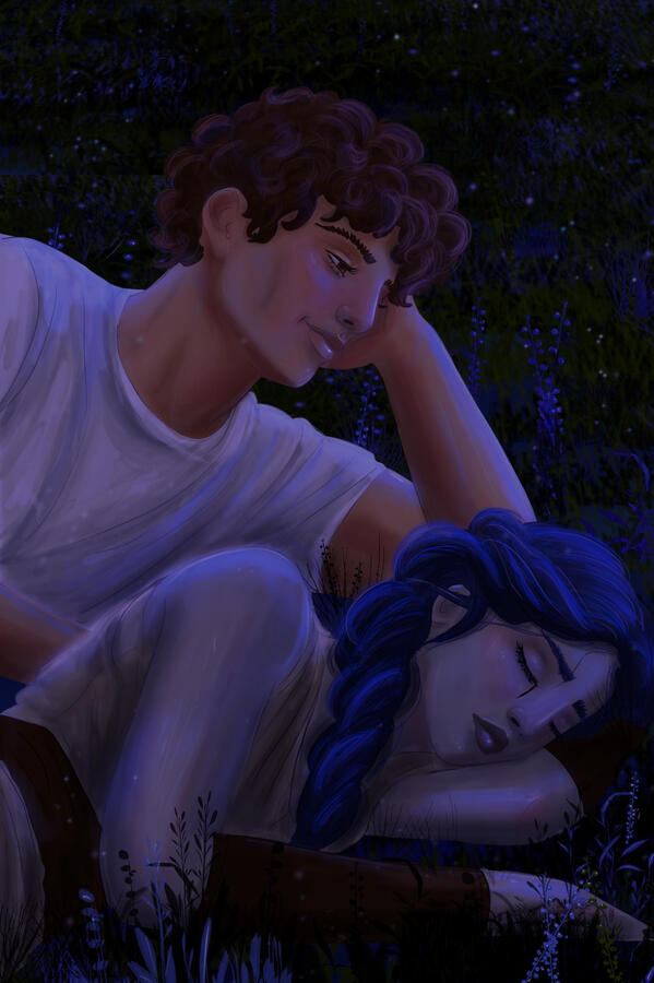 Untitled Colorful illustration from the Greek Mythology inspired romantasy, EREBOS, showing Ilaeira and Nestor. Ilaeira is sleeping with Nestor watching over her with a smile, under the moonlight.
