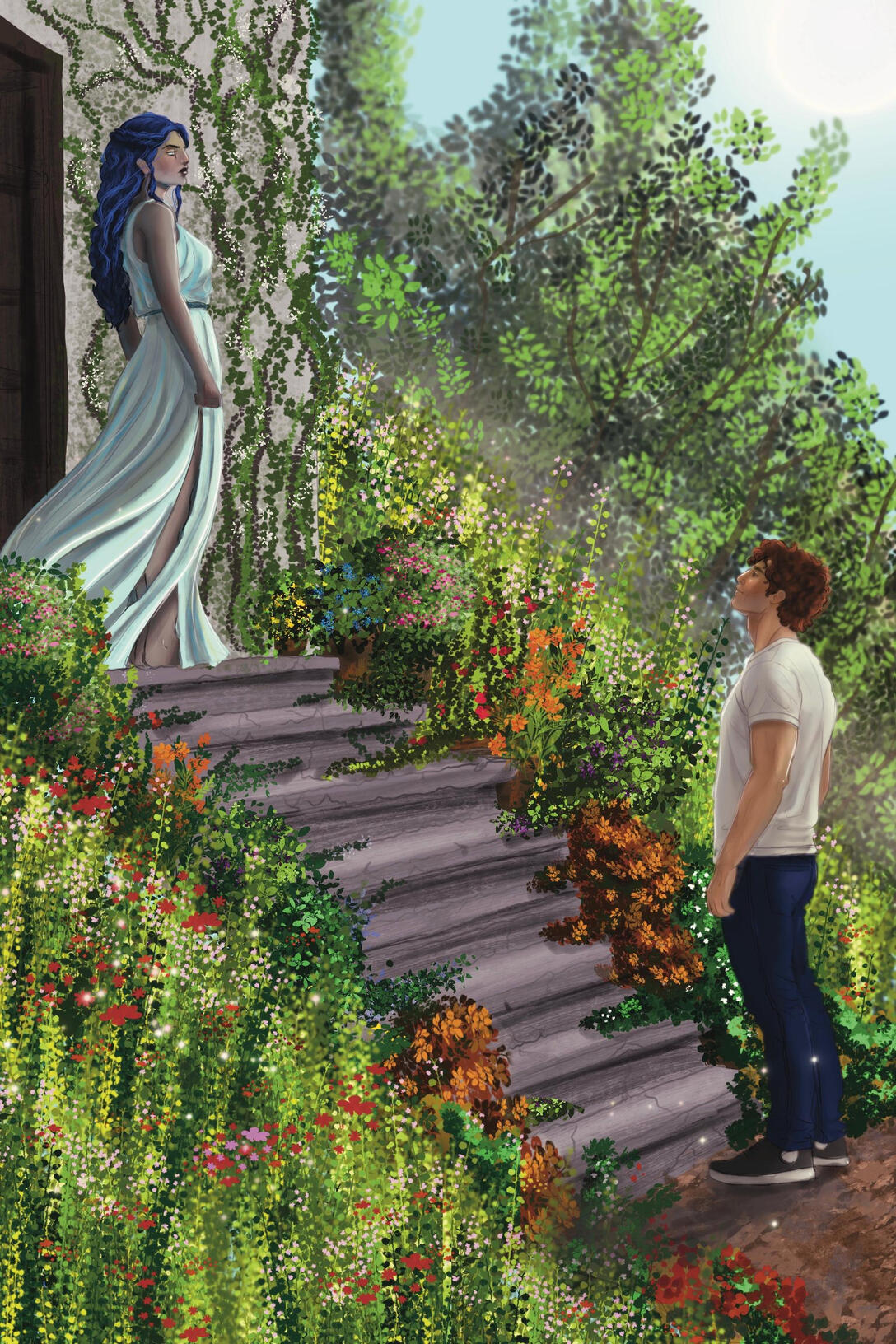Colorful illustration from the Greek Mythology inspired romantasy, EREBOS, showing Ilaeira and Nestor in a garden in full bloom.