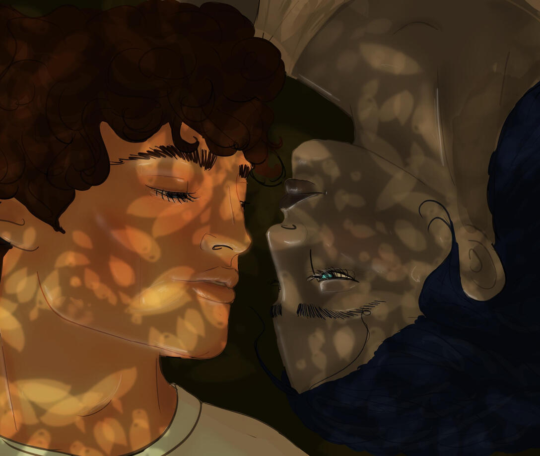 Colorful illustration from the Greek Mythology inspired romantasy, EREBOS, showing Ilaeira and Nestor lying next to each other, looking at eachother.
