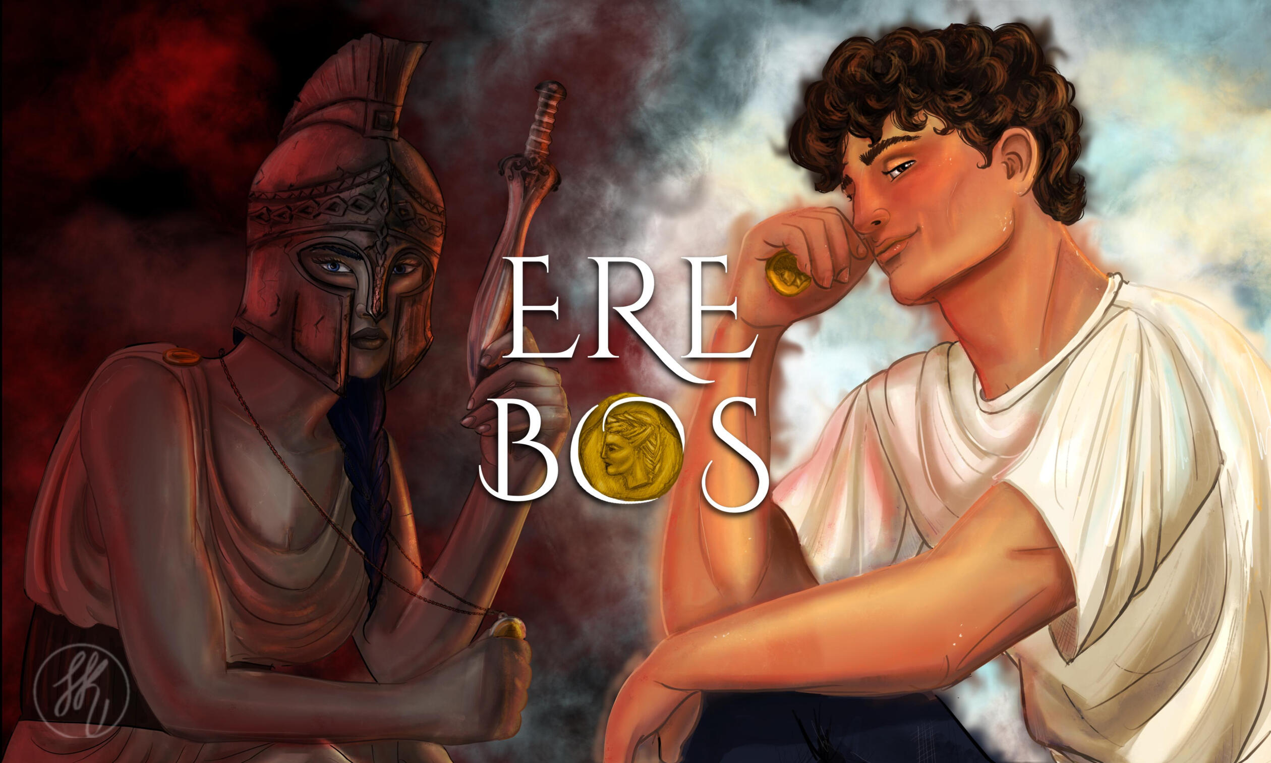 Ilaeira and Nestor, slow burn, Greek mythology inspired romantasy Colorful illustration from the SLOW BURN Greek Mythology inspired romantasy, EREBOS, showing Ilaeira and Nestor sitting next to each other.
